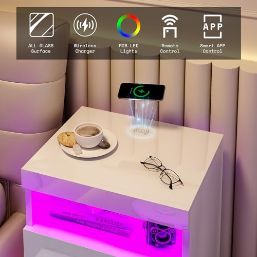 Amerlife CCT015 Modern Nightstand Set Of 2, Led Nightstand With Wireless Charging Station, High Glossy Bedside Table Cabinet With Remote Control, End Tables, 24.4 Inch Bedroom Furniture thumb #2