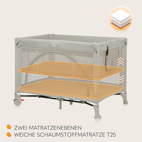 Lionelo Laura 2-in-1 Reisebett bis zu 15 kg Laufgitter von 0 bis 36 Monate Seitlicher Einstieg T25 Schaumstoffmatratze, 2 Höhenstufen, Reisetasche, Räder mit Bremse