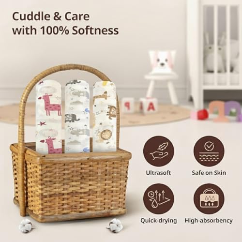 Image of Trance Home Linen Super Ultra Soft 100% Cotton Malmal Baby Swaddle Cloth,Soft Pure Cotton Sheets Baby Wrap Set for New Born Babies,New Born Swaddle Cloth(100x100 cm,Animals,Pack of 3),TC,200,Assorted
