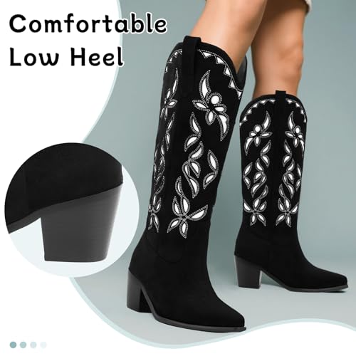 Image of LingxiaUne Cowboy Boots for Women Floral Cowgirl Boots with Pointed Toe and Chunky Heel Mid Calf Western Boot for Concert Festival Country Night Party