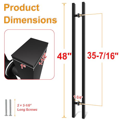 Image of 48 inch Matte Black Square Barn Door Pull Handle Double Sided | Heavy Duty 304 Stainless Steel, 35-7 /16 inch Hole Spacing, Fits 3 /4 inch-2 inch Thick Barn, Front Entry, Sliding & Exterior Doors