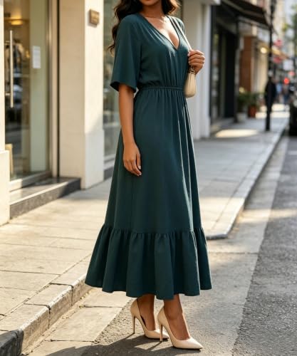 Image of Women's Summer Short Sleeve Maxi Floral Flowy Dresses with Pockets