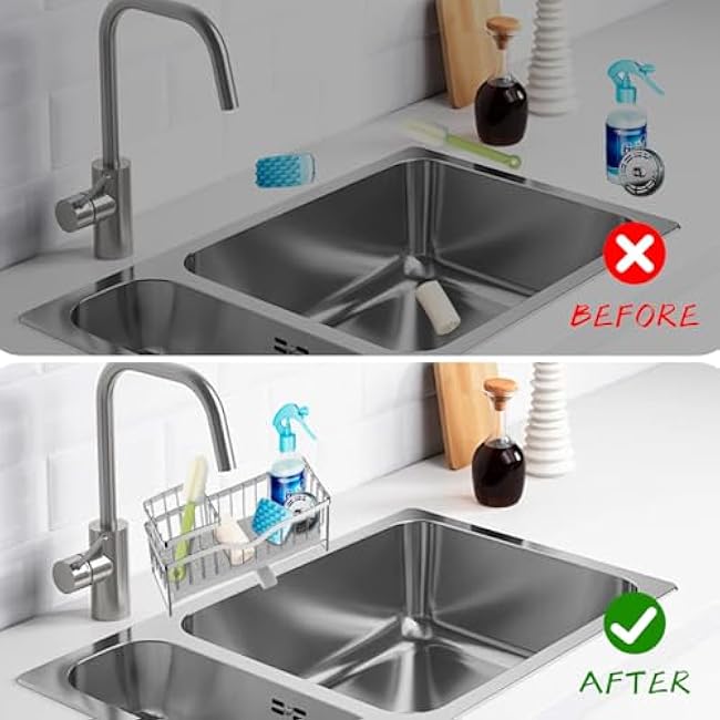 Kitchen Sink Caddy, Sponge Holder for Kitchen Sink, Stainless Kitchen Gadgets Dish Sponge Organizer Divider, Gray, 10*4.5*5.9