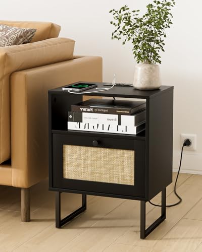 Image of Rattan Nightstand with Charging Station, Boho Night Stand Farmhouse Wood Bedside Table with Storage and Open Shelf, End Side Accent Table for Bedroom,Living Room,Black