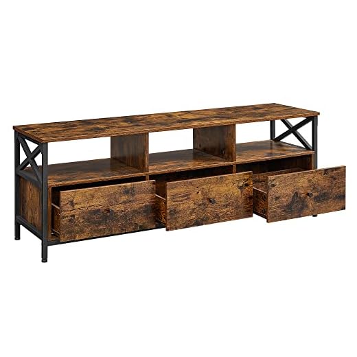 VASAGLE Mueble TV, Mesa TV para Televisores hasta 65 Pulgadas, con 3 Cajones y Estantes de Almacenamiento, 147 x 40 x 50 cm, Industrial Campo, Marco de Acero, Marrón Rústico y Negro LTV301B01