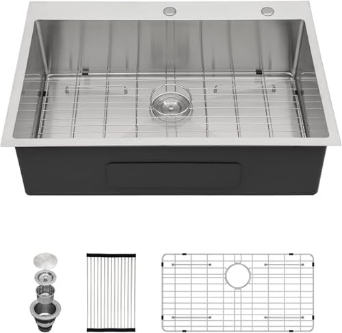 Image of Kichae 30 Inch Drop In Kitchen Sink - Stainless Steel Kitchen Sinks 30x22x9 Inch Topmount Overmount Single Bowl Handmade Basin