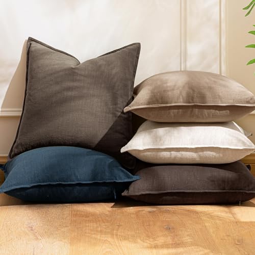 Image of Decorative Linen Solid Throw Pillow Covers 20x20 Inch Set of 2 Coffee Boho Accent Farmhouse Pillows Modern Neutral Home Decor for Couch Sofa Living Room Bed