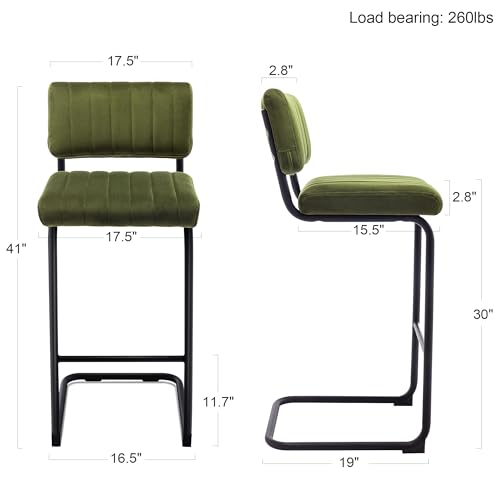 Image of ONEVOG 30 inch Seat Height Green Bar Stools Set of 4, Mid-Century Modern Cantilever Bar Chairs for Counter Kitchen Islands, Upholstered Velvet Fabric Barstools with Back and Matte Metal Legs, Olive Green
