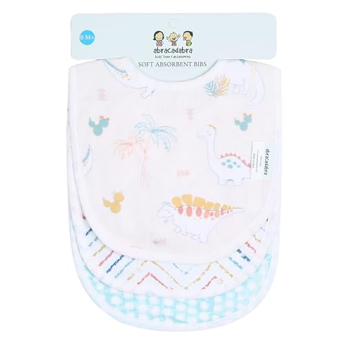 Image of abracadabra Muslin Bibs with Adjustable Snap Button Closure, Super Absorbent, Soft, Comfortable & Lightweight, Set of 3 - Dino
