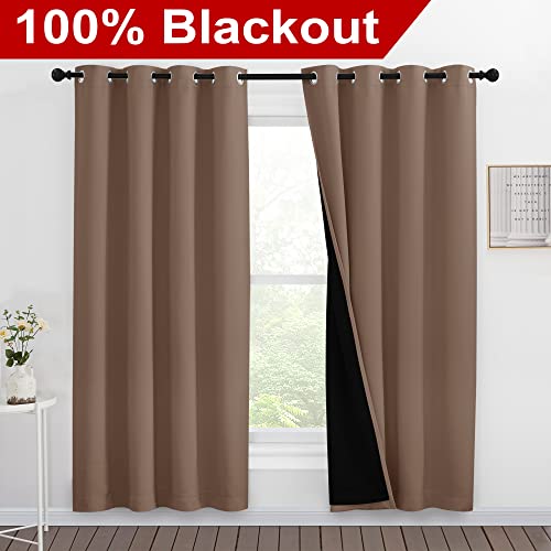 Image of NICETOWN Living Room Completely Shaded Draperies, Privacy Protection & Noise Reducing Ring Top Drapes, Black Lined Insulated Window Treatment Curtain Panels(Cappuccino, 2 Pieces, W55 x L78)