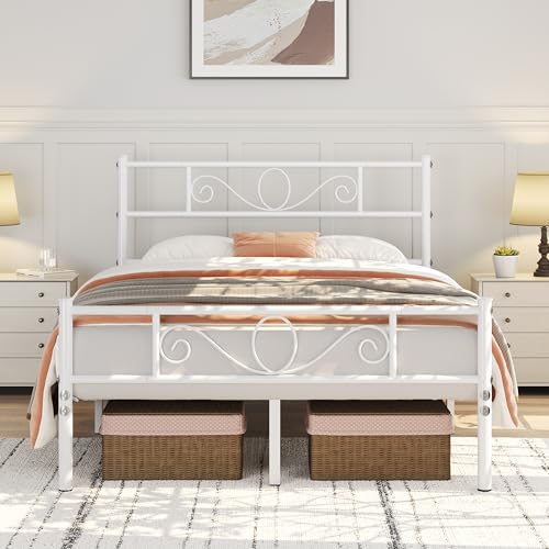 Yaheetech Cama Hierro para colchón de 135 x 190 cm Cama Metálica Cama Doble Industrial Estructura Metal Blanco