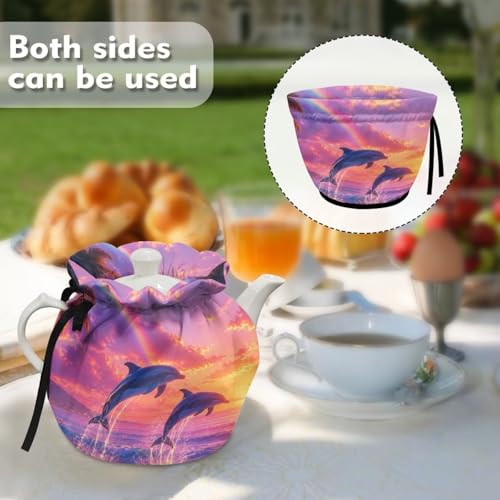 Image of Tea Cosy for Teapot Insulated Dolphin Printed Portable Kettle Cover Tea Pot Cozy Cover with Drawstring Breakfast Warmer 6.1x6.1x6.9 Inch