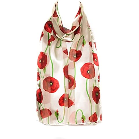 Hat To Socks Poppy Print Floral Chiffon Satin Scarf Ideal for Remembrance Day (White) Cover