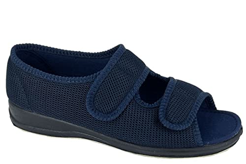 Sleepers Womens Betty Wide Open Touch Fastening Washable Extra Wide Slippers Navy Blue (EEEE Fitting) 6 UK