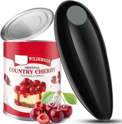 Small black oval opener beside an opened can, its cut lid lying flat on top