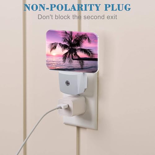 Image of Beautiful Purple Pink Sunset Night Light Tropical Palm Tree Nightlight Plug into Wall with Dusk to Dawn Sensor for Kid Girls Boys Women Men Room, Hallway, Kitchen, Bathroom, Stairs Decor