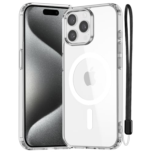 NEWC Magnetisch Hülle für iPhone 15 Pro Max (6 7 Zoll) kompatibel mit MagSafe Ultimate stoßfest-starker Magnetismus und militärischer Schutz-schlanke Hülle mit Umhängeband-Transparent