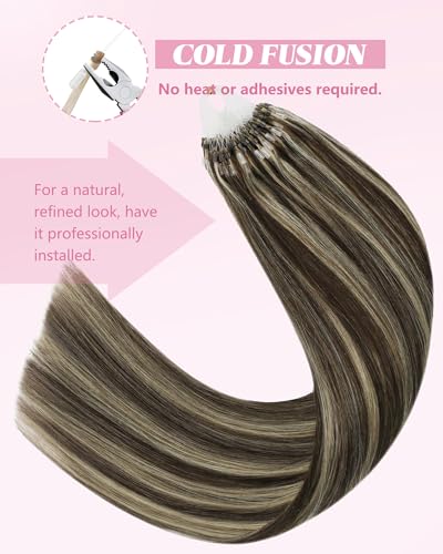 Image of YoungSee Micro Bead Hair Extensions Real Human Hair Brown Highlight Micro Ring Hair Extensions Dark Brown Highlight Blonde Microlink Hair Extension Human Hair Bead Hair Extension 18In 50s 57g