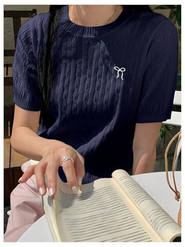 OYOANGLE Women's Short Sleeve Sweater Tops Bow Embroidery Cable Knit Pullover Sweaters3