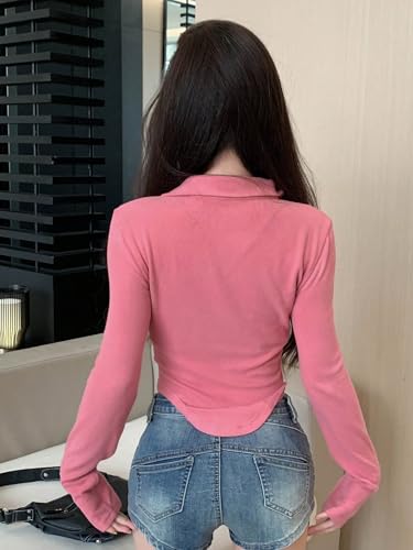 Image of Istyle Can Women's Top Solid Long Sleeve Ribbed Asymmetric Hem Casual T-Shirt with Zipper Collar. Full Sleeve, Rib Knit, Plain, Slim Fit