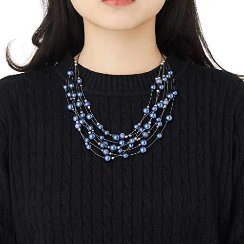 Layered Pearl Necklace Multi-Strand Pearl Choker Necklaces For Women Beaded Jewelry For Wedding Parties(37-Blue) #TOP4