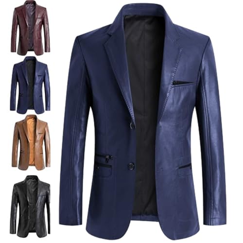 GAGFDA Veste blazer en cuir pour homme, coupe régulière en peau d'agneau, manteau d'affaires, boutonnage avec doublure, style moto avec plusieurs poches,...