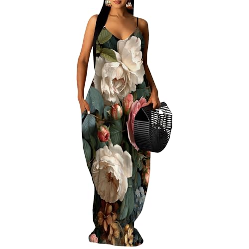 Image of Women's Summer Maxi Dress Spaghetti Strap Floral Boho Beach Long Sundress with Pockets