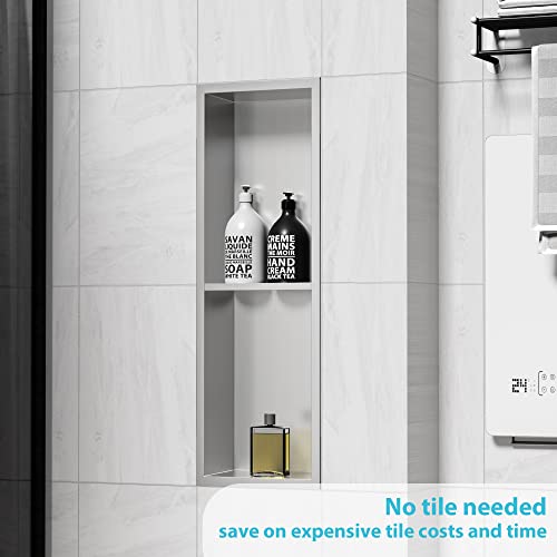 Qeke Stainless Steel Shower Niche 24" X 8", No Tile Needed Wall Niche Double Shelves, Recessed Niche Shower For Bathroom Storage, Brushed Nickel #TOP4