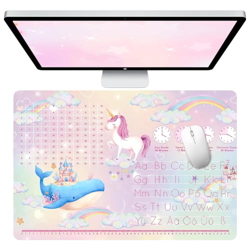 PLLYPE Schreibtischunterlage Leder, Schreibtischunterlage Kinder Mädchen Einhorn, Büropad Rosa, Schreibtischunterlage Mädchen, Abwischbar Schreibunterlage Kinder für Büro Home, 60X40cm