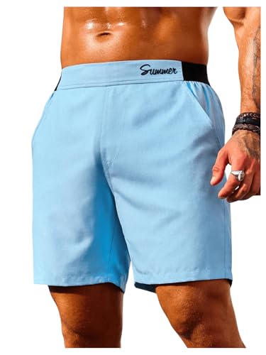 SweatyRocks Men's Letter Print Swim Trunks High Waisted Summer Beach Shorts with Pockets