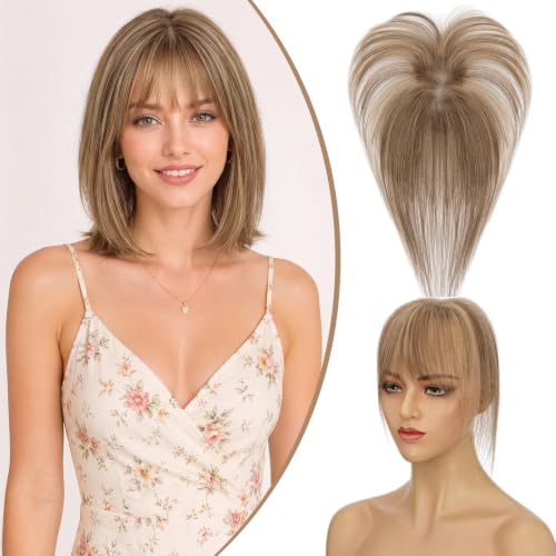 Rich Choices Lightweight Breathable 100% Human Hair Topper with 3D 360°Wispy Air Bangs 11Inch #4P27 Medium Brown Highlight Dark Blonde