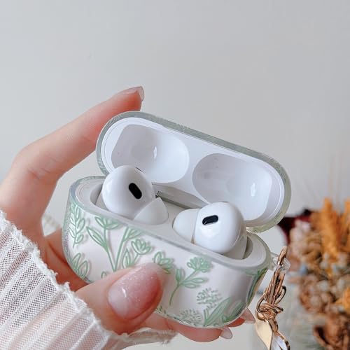 Image of MINSCOSE for AirPods Pro 2nd /1st Generation Clear Case,Cute Flower Floral Aesthetic Design with Floral Keychain, Soft TPU Protective Shockproof Case for Women Girl for Airpods Pro /Pro 2-Green