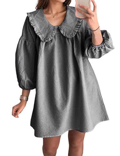 ICOBID Women Y2K Gingham Print Babydoll Mini Dress Lapel Doll Collar Puff Long Sleeve Plaid Mini Dress Ruffle Short Dress