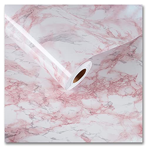 CRE8TIVE Film Adhésif Rose Aspect Marbre Brillant Marbré - Papier Peint Autocollant Imperméable pour Cuisine, Plan de Travail, Armoire, Salon, Salle de...