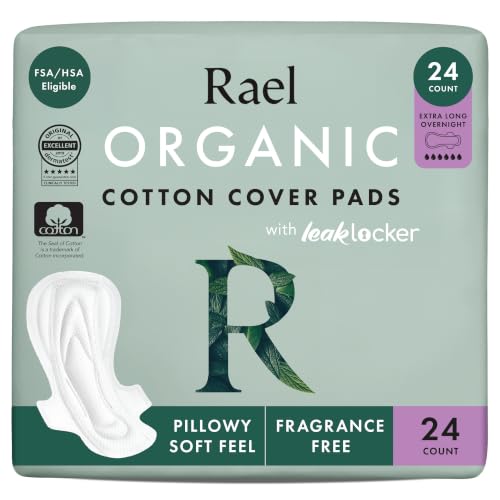 Rael Organic Cotton Cover Sanitary Pads for Women (XL Overnight, 24 Ct) | Ultra Thin Period Pads...