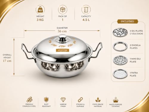 Image of MOHAM Stainless Steel Idli Maker, Dhokla & Momo Steamer Pot with 2 Idli Plates (14 Idlis), 2 Khaman /Dhokla Plates, 1 Patra Plate, 1 Mini Idli Plate | Multipurpose Steam Cooker with Lid | Heavy Gauge Food Grade Steel | Mirror Finish | Gas & Induction Compatible