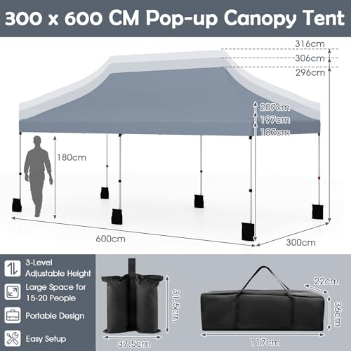 COSTWAY 6x3M Pop-up Gazebo, Height Adjustable Instant Marquee Party Canopy Tent with Carrying Bag, Large Waterproof Commercial Sun Shelter for Outdoor Wedding Camping (Grey, 296-316cm) - Image 6