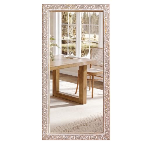 Image of Rustic Solid Wood Wall Mirror - Bathroom Vanity Mirror, Farmhouse Decorative Mirror for Home, Vertical & Horizontal Hanging, Wood Finish 48x24x1.25 inch White Antique