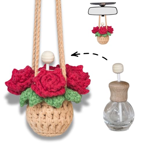 Image of ROFIGL Handmade Crochet Hanging Car Air Freshener - Romantic Red Rose Design, 12ml Refillable Thick Glass Bottle, Car Diffuser for Rearview Mirror, Home & Office Romantic Decor