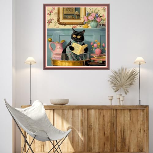 Image of Dooxvey Cross Stitch Kits for Adults Beginners,Full Range of Cross-Stitch Stamped Kits Needlepoint Kits for Beginners Embroidery Kits 11CT Cross Stitch Patterns-Cat Reading 18x18 inch