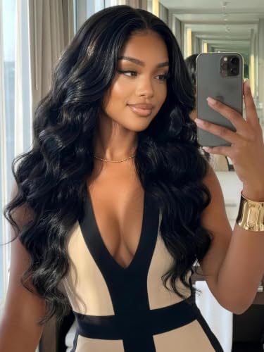 Image of KLAIYI Loose Body Wave Pre Everything Glueless 13x4Lace Front Wig Human Hair Drawstring Precut Lace Pre Plucked Bleached Bye Bye Knots 3S Ready to Wear and Go Wig with Face Framing Curtain Bang 24Inch
