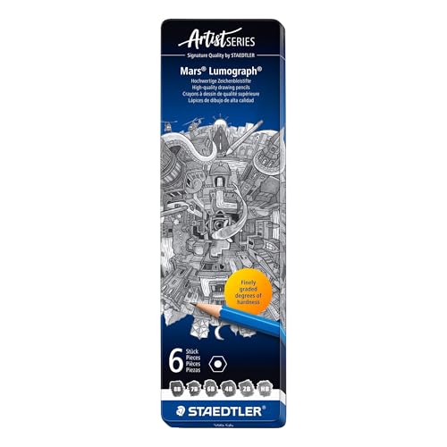 Staedtler Mars Lumograph, Crayons à papier de très haute qualité pour écriture et dessin artistique, Boîte en métal avec 6 crayons assortis...