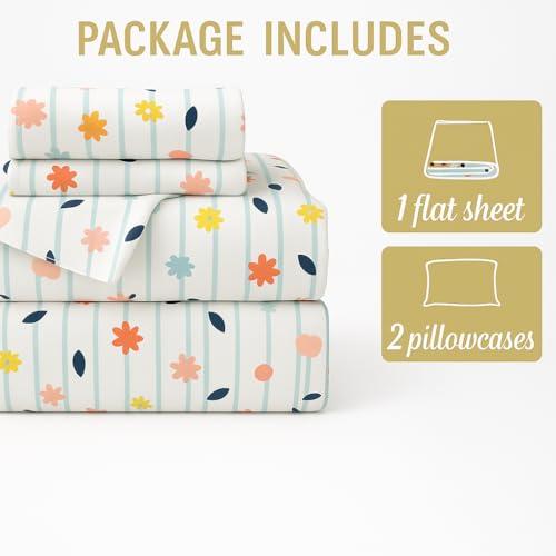 Image of King Size Bedsheet - Ray of Flowers Print - 108 x 108 Inches - Brushed Microfiber Flat Sheet with Pillow Covers - Soft, Cooling, Wrinkle & Fade Resistant