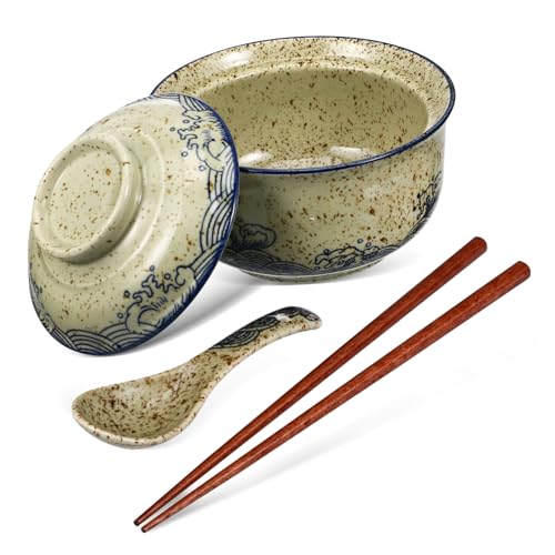 TOGEVAL ラーメン鉢 蓋付き セラミック製 食器 箸 スプーン付き 保温機能 家用 おしゃれ 和風 即席麺対応 こぼれ防止設計