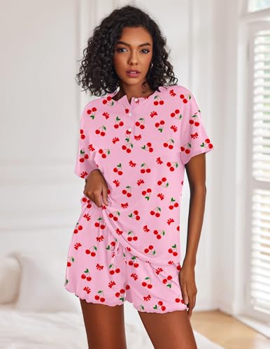 Image of Ekouaer Pajamas Set for Women Short Sleeve Lounge Set 2 Piece Loungewear PJs Soft Cute Lightweight Sleepwear