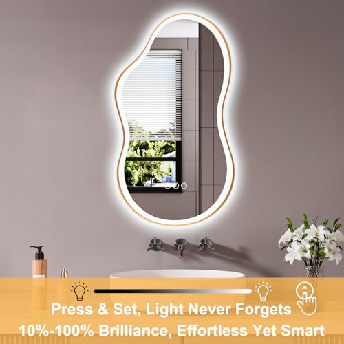 Image of WTTY LED Irregular Bathroom Mirror 26x46 Inch with Front & Back Lights - Asymmetrical Design, Anti-Fog, Dimmable 3 Color Temperatures, Shatterproof Glass, Horizontal or Vertical Mount (Gold Frame)