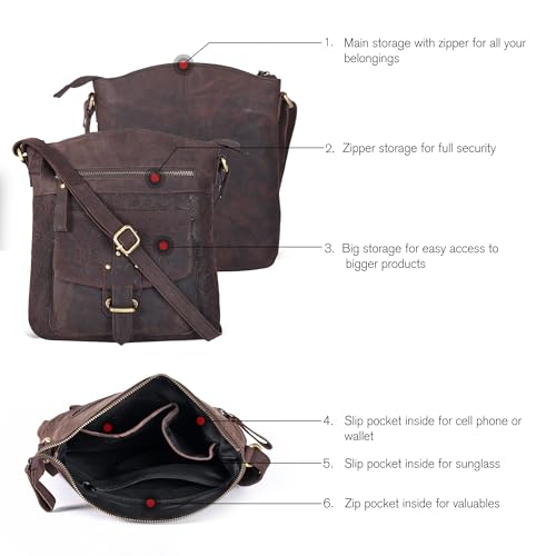 Image of Oak Leathers Leather Crossbody Bag For Women With Adjustable Sling Strap - Medium Size Crossover Shoulder Handbag Purse (Brown)