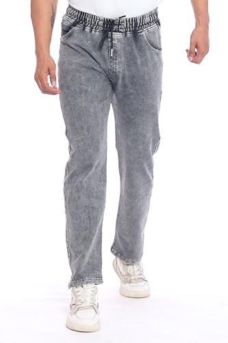 Image of Men's Denim Joggers, Regular Fit, Mid Rise, Stretchable Cotton Blend, Drawstring Waist, Soft Fabric, Multiple Pockets, Tapered Leg Casual Pants