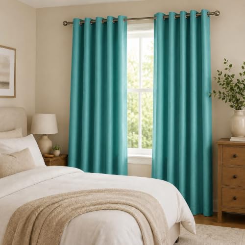 Image of Polyester Eyelet Door Curtain, Solid Plain Light Filtering Curtain for Bedroom, Living Room & Home Office, 7 Feet (84 x 48 Inch), Aqua, Pack of 2