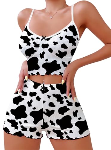 Image of Hilinker Womens Graphic Print Ribbed PJ Set Crop Cami Tops and Shorts Cute Pajamas Set